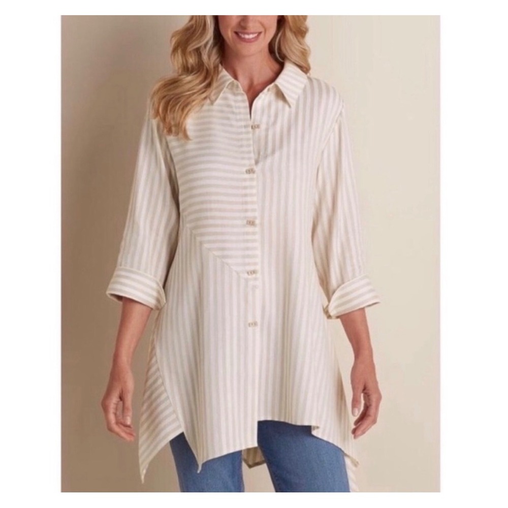 Soft Surroundings Striped Tunic Shirt Tan White Button Back Handkerchief Hem XS